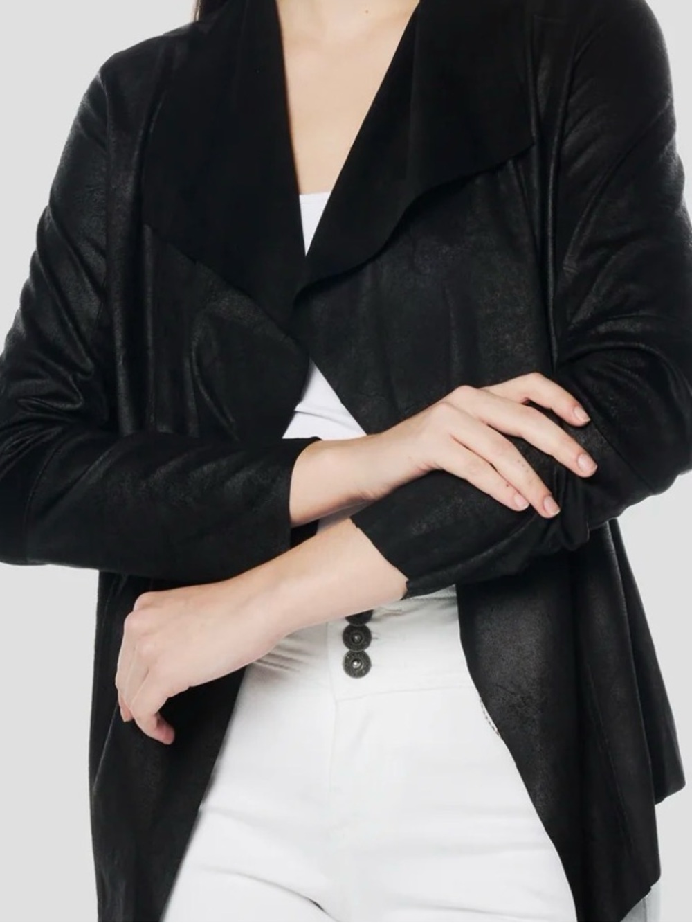 Vero Moda Vegan Suede Waterfall Drape Open Front Asymmetric Zip Jacket Black 10